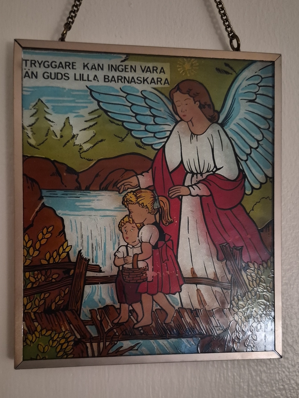 Vintage Swedish Guardian Angel Glass Art Plaque"Tryggare kan ingen vara"Folk Art